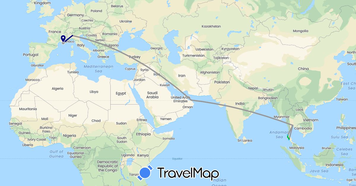 TravelMap itinerary: driving, bus, plane, boat in France, Italy, Oman, Thailand (Asia, Europe)